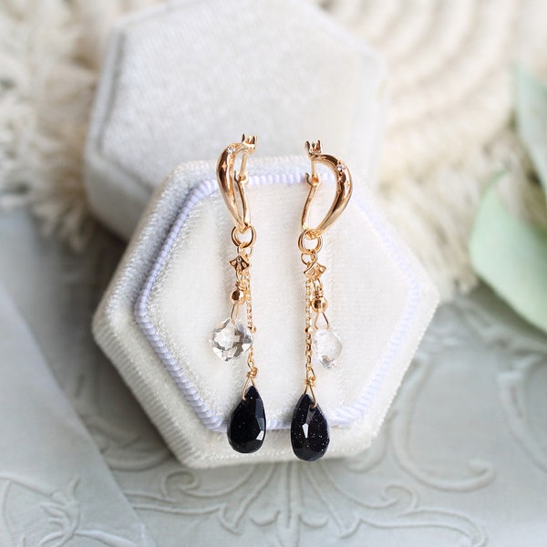Natasha Blue Sandstone Gold Hoop Dangle Earrings, Interchangeable Gold Hoops, Bohemian Earrings Gift for Her