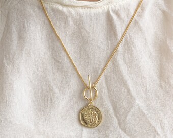 Medusa Greek Gold Coin Gold Vermeil Necklace, Vintage Coin Pendant Toggle Chain Necklace, Layered Necklace Gift for Her