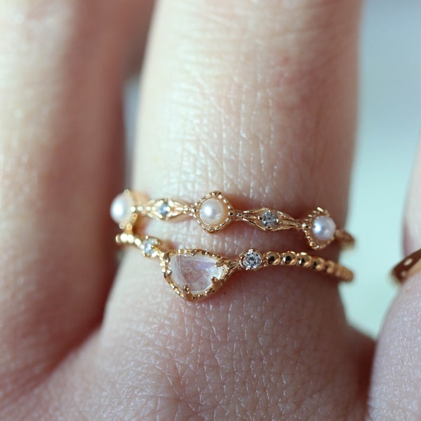 Ophelia Freshwater Pearl Gold Vermeil Ring, Alternative Wedding Gold Band, Dainty Stacking Ring, Celestial Gift for Her