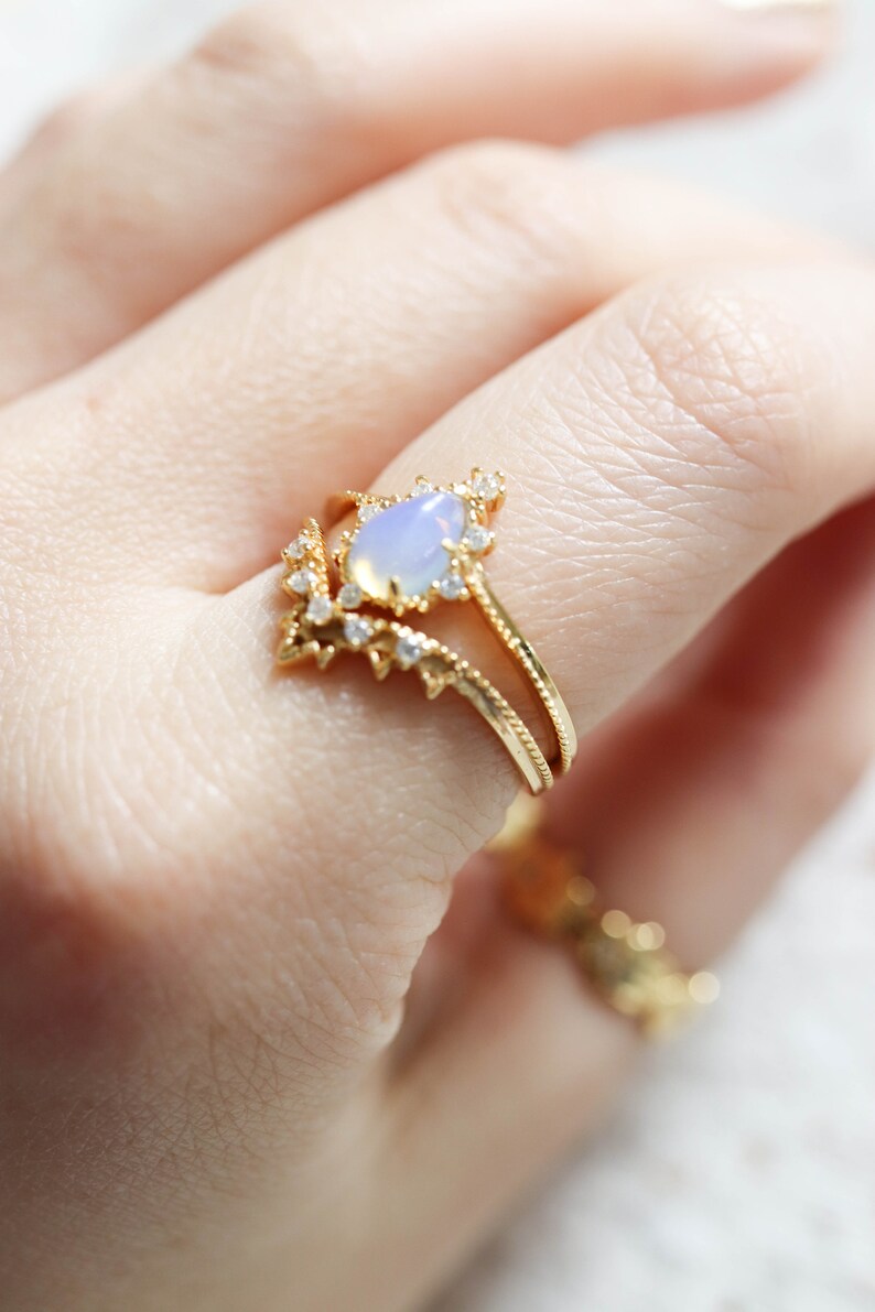 Saturn\u2019s Dream Opal Vertical Point Ring Set 18K Gold Vermeil Vintage Inspired Celestial Jewelry Alternative Engagement Ring Set