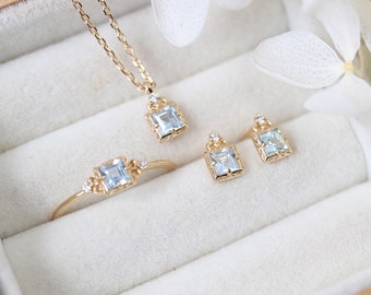 Colette Aquamarine Gold Vermeil Ring, Blue Crystal Gemstone Necklace and Earrings Jewelry Set, March Birthstone Gift for Her