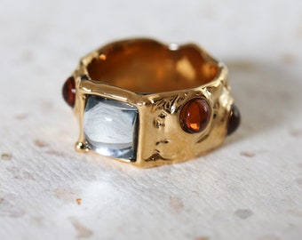 Edna Surrealist Gemstone Molten Gold Ring, Colorful Gemstone Chunky Gold Band, Artisan Gift for Her