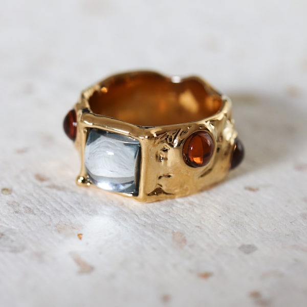 Edna Surrealist Gemstone Molten Gold Ring, Colorful Gemstone Chunky Gold Band, Artisan Gift for Her