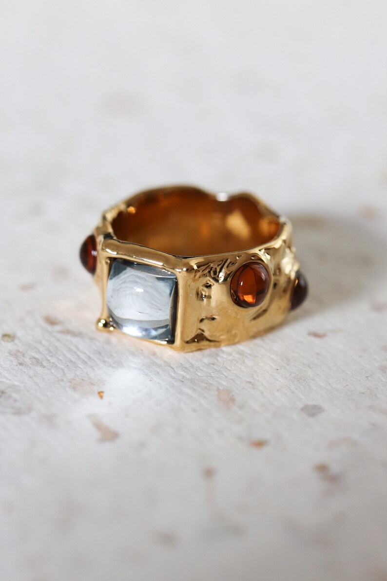 Artisan Gift for Her Edna Surrealist Gemstone Molten Gold Ring 18K Gold Filled Colorful Gemstone Chunky Gold Band