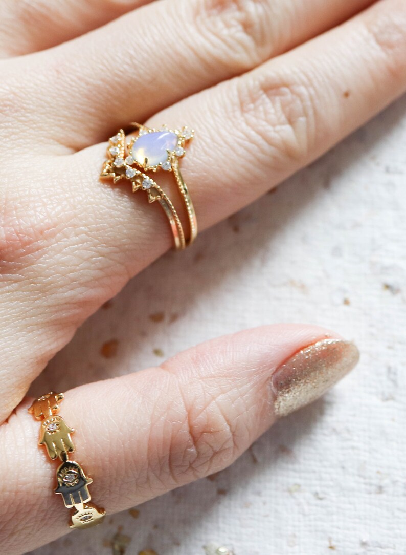Saturn\u2019s Dream Opal Vertical Point Ring Set 18K Gold Vermeil Vintage Inspired Celestial Jewelry Alternative Engagement Ring Set