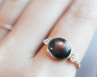 Niko Black Mother of Pearl Orbit Gold Vermeil Ring, Black Round Mood Ring, Art Deco Celestial Engagement Ring, Celestial Ring