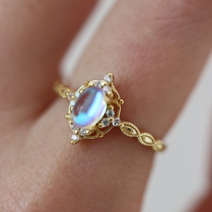 Rosie Marquise Moonstone Diamond Crystal Dainty Gold Ring, 18K Gold Vermeil Aurora White Iridescent Moonstone Ring, Celestial Gift for Her