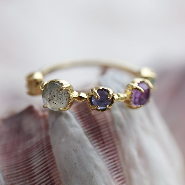 Mia Amethyst Clear Quartz Labradorite Crystal Gemstone Ring, 18k Gold Vermeil Dainty Gold Ring, Alternative Wedding Engagement Ring Gift