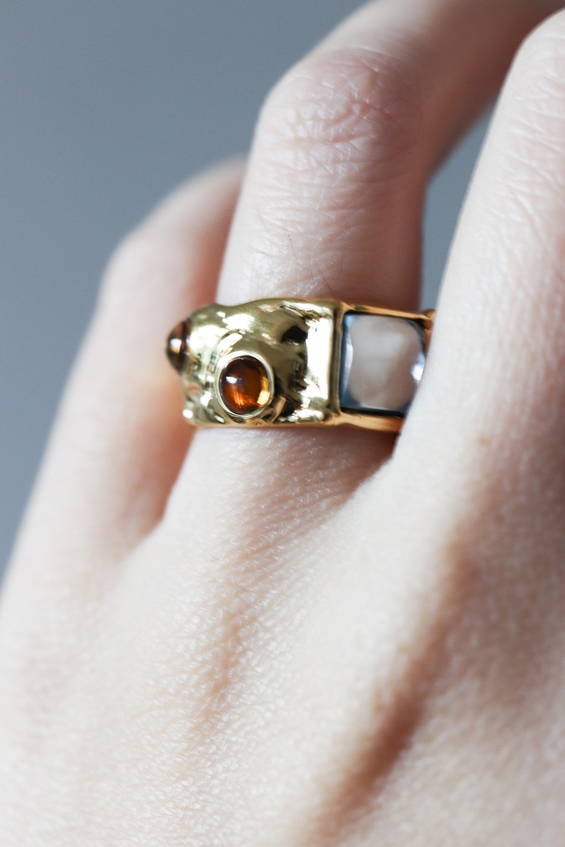 Artisan Gift for Her Edna Surrealist Gemstone Molten Gold Ring 18K Gold Filled Colorful Gemstone Chunky Gold Band