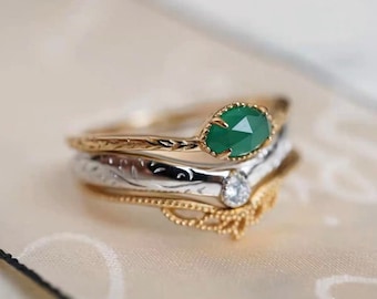 Gabriella Green Chrysoprase Filigree Trio Stacking Ring Set, Celestial Jewelry Gift for Her, Alternative Wedding Gold and Silver Ring Set