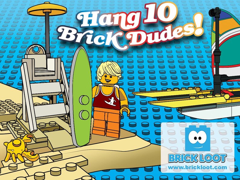 and more Summer Sailing Surfer Custom LEGO Kit Brick Loot Box Hang 10 Brick Dudes Brick Loot Exclusive build Custom LEGO Minifigure