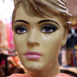 Instant Download Photo, Well Worn Vintage Mannequin Head, Full Makeup, Pale Pink Lips, DIY Print, Pink Scarf, Shop Dummy, Southall, London.