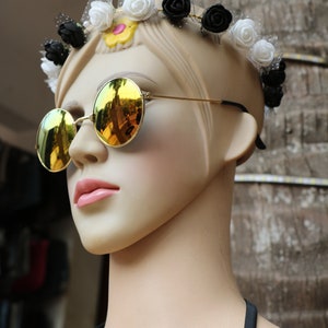 Mannequin Head, wearing yellow sunglasses, flower head band & bikini top, Instant Download Photo, DIY print. Goa, India.Fine Art