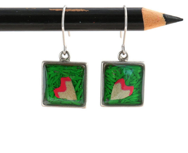 Colored pencils recycled into square earrings pewter resin Actives