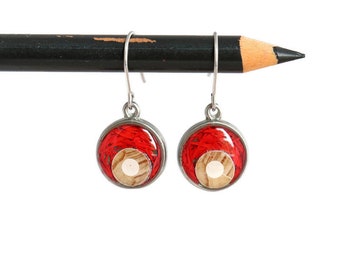 Colored pencils recycled into round earrings, pewter and resin