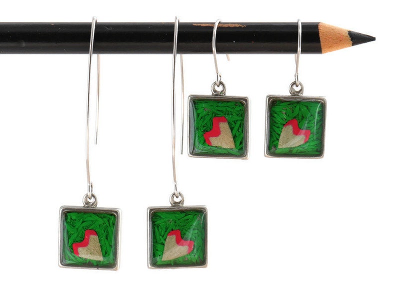 Colored pencils recycled into square earrings pewter resin Actives