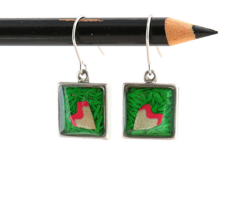 Colored pencils recycled into square earrings pewter resin Actives