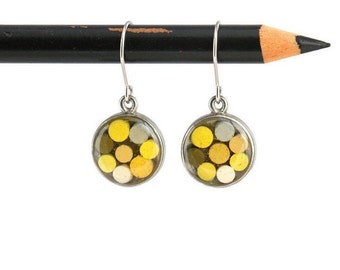 Colored pencils recycled into round earrings, pewter and resin