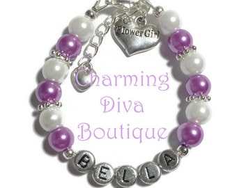 Personalized FLOWER GIRL Charm Bracelet-Flower Girl Gift-Custom Name Girl Bracelet-Beaded Jewelry for Girl-Pearl Flower Girl Bracelet