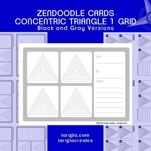 May include: A printable set of four black and white concentric triangle grid cards for Zentangle art. Each card has a space for notes, zen, and by. The cards are labeled "Steps" and are part of a larger set of cards.