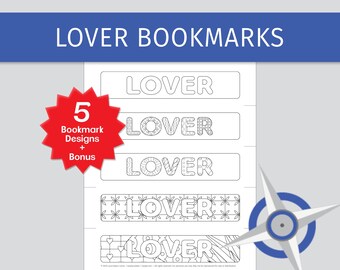 Lover Zendoodle Bookmarks, 5 designs, 8.25” x 2.18” coloring bookmarks, black, DIY