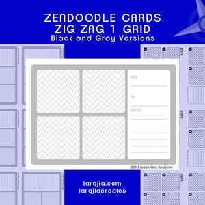 Zendoodle Design Card Printable with Zig Zag Grid (version 1), 4-Step Design, 2.5” x 3.5” Cards, Gray and Black, DIY Craft