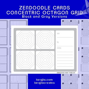 Zendoodle Design Card Printable with Concentric Octagon Grid, 4-Step Design, 2.5” x 3.5” Cards, Gray and Black, DIY Craft