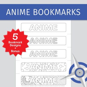 Anime Zendoodle Bookmarks, 5 designs, 8.25” x 2.18” coloring bookmarks. black, DIY