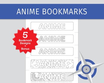 May include: Five printable bookmark designs featuring the word "Anime" in different styles. The designs include a simple outline, a patterned design, and a design with circles. The bookmarks are ready to be colored in.