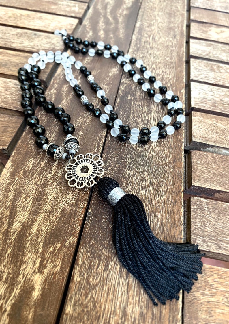 Sacred Geometry Jewelry Yoga Mala Necklace Mandala Long Tassel Necklace Black Onyx Quartz Matte Mala Beads