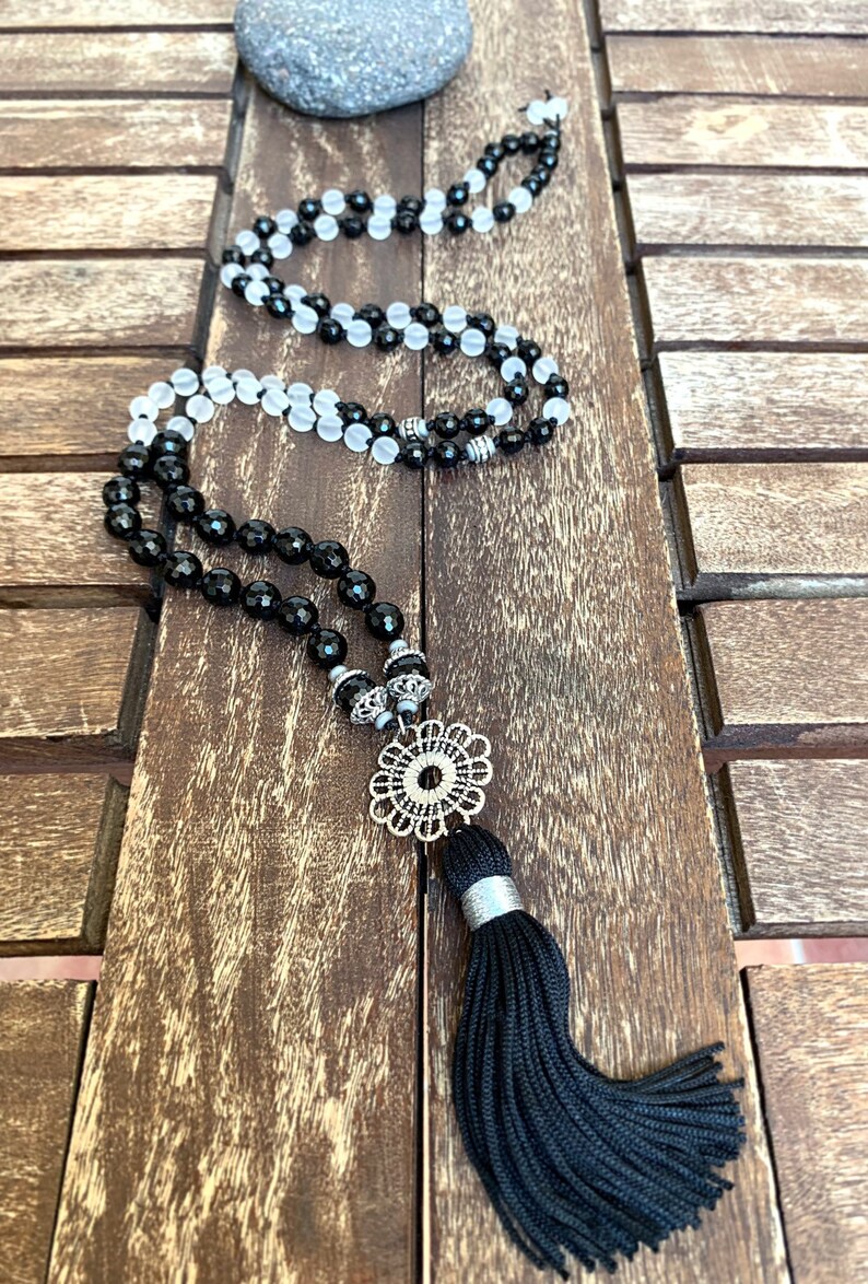 Sacred Geometry Jewelry Yoga Mala Necklace Mandala Long Tassel Necklace Black Onyx Quartz Matte Mala Beads