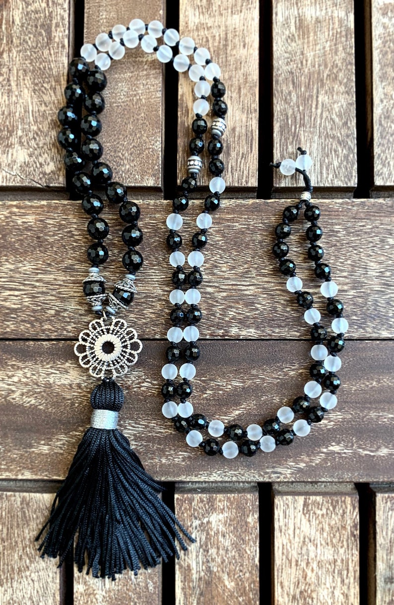 Sacred Geometry Jewelry Yoga Mala Necklace Mandala Long Tassel Necklace Black Onyx Quartz Matte Mala Beads