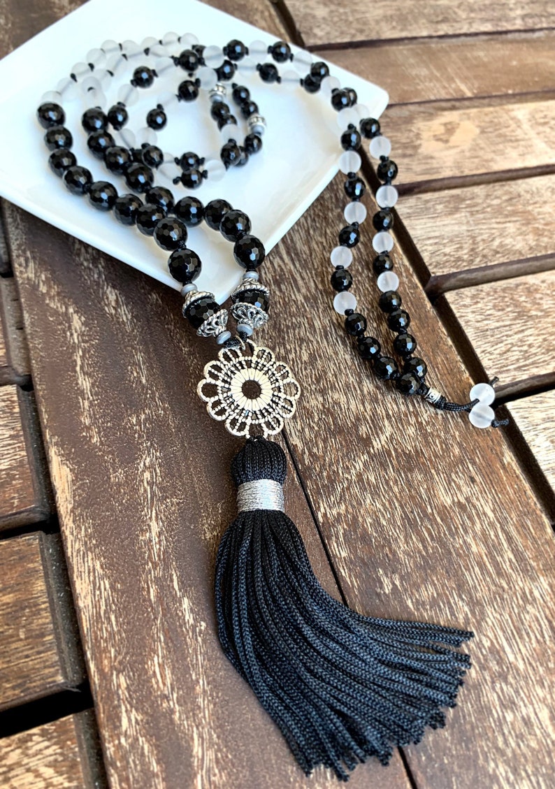 Sacred Geometry Jewelry Yoga Mala Necklace Mandala Long Tassel Necklace Black Onyx Quartz Matte Mala Beads