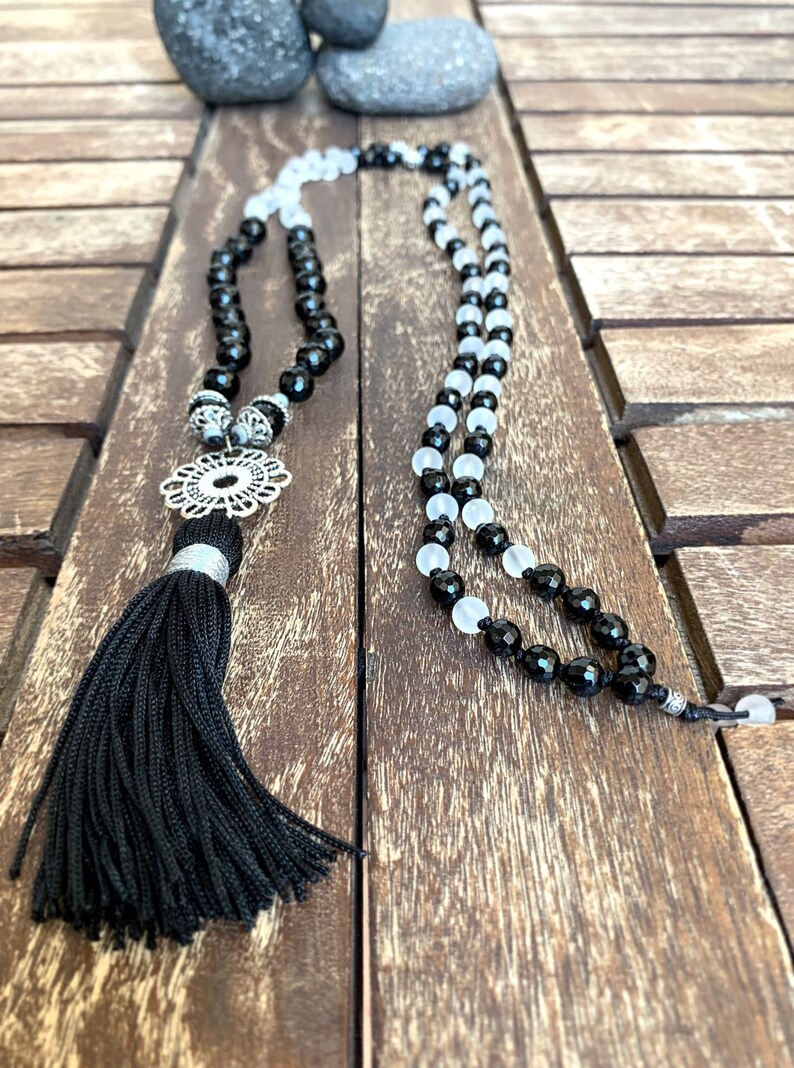 Sacred Geometry Jewelry Yoga Mala Necklace Mandala Long Tassel Necklace Black Onyx Quartz Matte Mala Beads