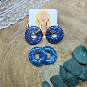 Hoop earrings with interchangeable glittery blue tassels - flowers, donuts, stars, hearts - original handmade gift