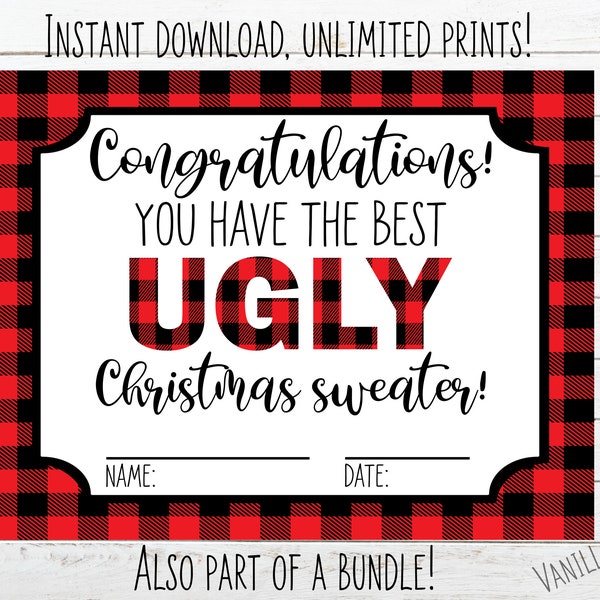 ugly Christmas sweater party | ugly christmas sweater printable | ugly christmas sweater certificate | ugly christmas sweater voting |