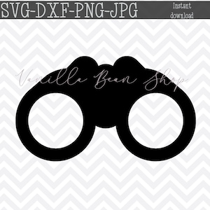 May include: Black silhouette of a pair of binoculars. The binoculars are a simple design with two round lenses.