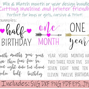 May include: A digital design bundle for creating birthday cards and other crafts. The bundle includes a variety of phrases and numbers, such as "half birthday", "one month", "one year", "two", "three", "four", "five", "six", "seven", "eight", "nine", "ten", "eleven", "twelve", "half", and "birthday". The designs are perfect for cutting machines and printers.