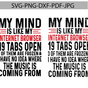 以下が含まれることがあります： 「My mind is like my internet browser 19 tabs open 3 of them are frozen & I have no idea where the music is coming from」というテキストの白黒のグラフィックテキストデザイン。