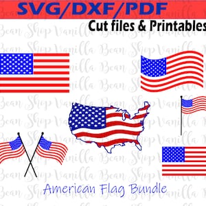 Puede incluir: Un paquete de descarga digital de cinco diseños de banderas americanas en formatos SVG, DXF y PDF. Los diseños incluyen una bandera tradicional, una bandera ondeando, una bandera con la forma de los Estados Unidos, un par de banderas cruzadas y una bandera en un asta.