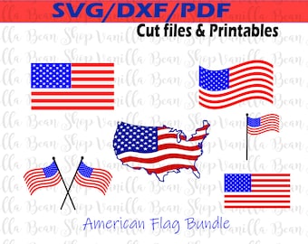 May include: A digital download bundle of five American flag designs in SVG, DXF, and PDF formats. The designs include a traditional flag, a waving flag, a flag in the shape of the United States, a pair of crossed flags, and a flag on a pole.