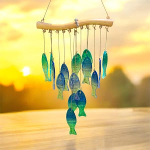 Fish Beach decor, glass windchime with Fishes. Colorful seaglass windchime for Garden. Aqua, Turquoise.