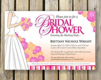 May include: Bridal shower invitation with a bride illustration, pink floral accents, and text. The invitation features a white dress, a bouquet, and the words "Bridal Shower" in a decorative font. The invitation includes event details.
