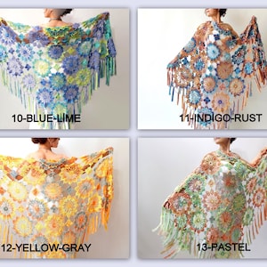 May include: Four crocheted shawls in different color combinations: blue and lime, indigo and rust, yellow and gray, and pastel colors. Each shawl features a delicate floral pattern and fringe.