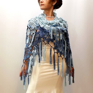 Blue boho shawl, lacy evening wrap, handmade fringed scarf image 5