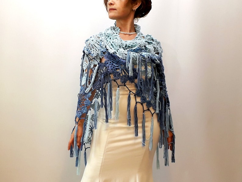Blue boho shawl, lacy evening wrap, handmade fringed scarf image 5