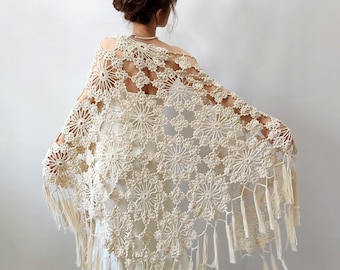 Bone colored shawl, cream wrap, evening cover up, cotton summer scarf, bridal wedding shawl, fringed, boho, gift for her, lacy, crochet