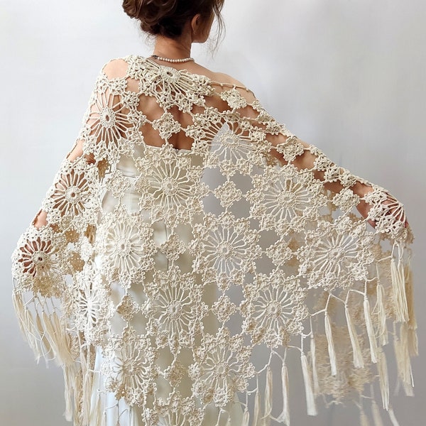 Bone cotton shawl, cream evening scarf, bridal wedding wrap, gift for her, fringed summer shawl, crochet triangular cover up, handmade wrap