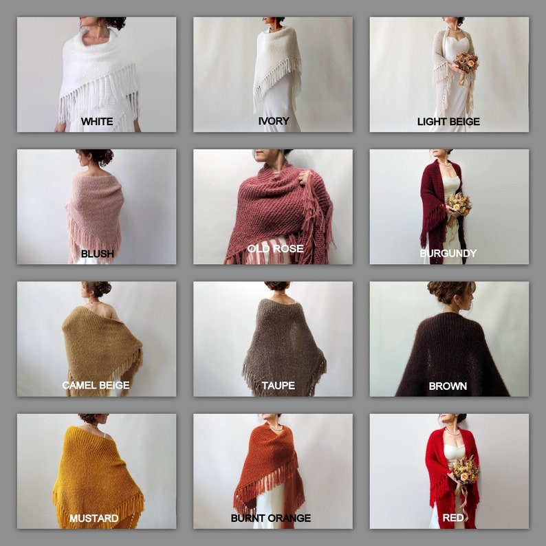 May include: A collage of twelve images showcasing different colors of knitted shawls with fringe. The shawls are draped over models wearing white dresses. The colors include white, ivory, light beige, blush, old rose, burgundy, camel beige, taupe, brown, mustard, burnt orange, and red.