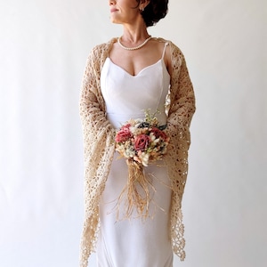 Beige lacy mohair shawl, champagne colored evening wrap, bridal wedding wrap